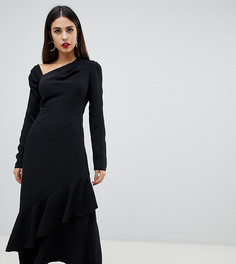 Черное приталенное платье миди с вырезом по косой и оборкой Yaura - Черный