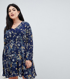 Синее свободное платье с V-образным вырезом и цветочным принтом Boohoo Plus - Мульти