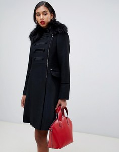Двубортное пальто с вышивкой и искусственным мехом Morgan - Черный