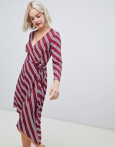 Асимметричное платье миди в полоску с запахом New Look - Коричневый