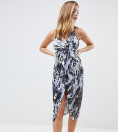 Атласное платье миди с декоративным узлом и абстрактным принтом ASOS DESIGN Petite - Мульти