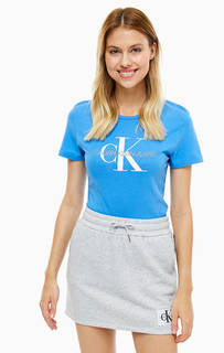 Синяя хлопковая футболка с принтом Calvin Klein