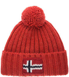 Красная вязаная шапка с логотипом бренда Napapijri