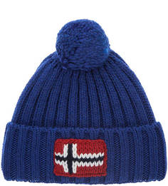 Синяя вязаная шапка с логотипом бренда Napapijri