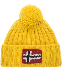 Желтая вязаная шапка с логотипом бренда Napapijri