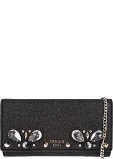 Черный клатч с отделкой камнями Guess