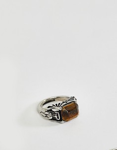 Гравированное кольцо с камнем тигровый глаз Sacred Hawk - Серебряный