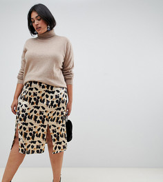 Атласная юбка миди с леопардовым принтом и разрезами Influence Plus - Коричневый