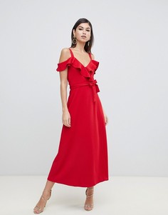 Платье миди с открытыми плечами и оборками Forever Unique - Красный