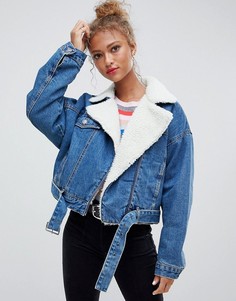 Джинсовая куртка на молнии с меховым воротником Pull&Bear - Синий Pull&;Bear