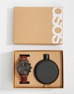 Подарочный набор с часами и черной матовой плоской фляжкой ASOS DESIGN - Черный