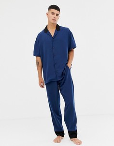Темно-синий атласный пижамный комплект с контрастными лацканами ASOS DESIGN his & hers - Темно-синий