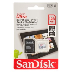 Карта памяти microSDXC UHS-I SANDISK Ultra 128 ГБ, 48 МБ/с, 320X, Class 10, SDSQUNB-128G-GN6TA, 1 шт., переходник SD