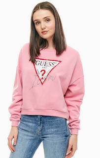 Розовый хлопковый свитшот оверсайз с отделкой камнями Guess