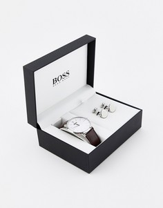 Подарочный набор из часов с кожаным ремешком и запонок BOSS Signet - Коричневый