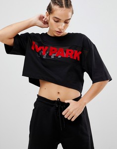 Черная укороченная футболка с логотипом с набивкой флок Ivy Park - Черный