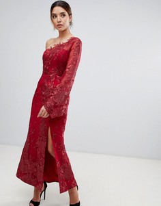 Кружевное красное платье миди на одно плечо с вышивкой Bariano - Красный