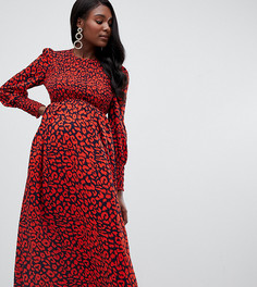 Красное присборенное платье миди с длинными рукавами и леопардовым принтом Queen Bee - Красный