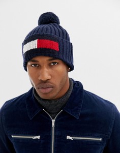 Tommy Hilfiger big flag bobble beanie in navy - Темно-синий