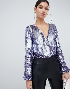 Боди с длинными рукавами, запахом и пайетками ASOS DESIGN - Фиолетовый