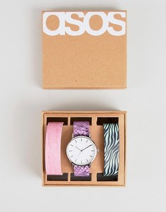 Часы с 3 сменными ремешками из искусственной кожи с анималистичным принтом ASOS DESIGN - Мульти