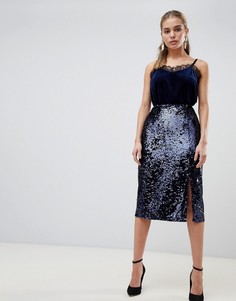 Юбка миди с разрезом и пайетками Fashion Union - Темно-синий