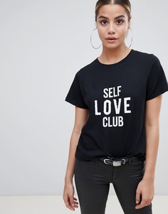 Черная футболка с надписью self love club с отделкой пайетками Boohoo - Черный