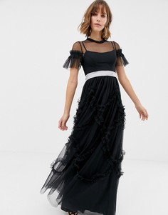 Черное платье макси из тюля с присборенной отделкой Needle & Thread - Черный
