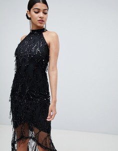 Платье миди с американской проймой, бахромой и пайетками AX Paris - Черный