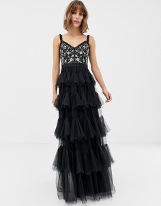 Черное ярусное платье макси из тюля с вышивкой Needle & Thread - Черный
