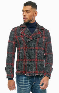 Серое двубортное полупальто в клетку Gaudi