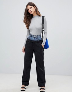 Шерстяные брюки в тонкую полоску с поясом из денима Miss Sixty - Серый