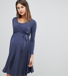 Сине-серое платье миди с длинными рукавами и запахом Bluebelle Maternity nursing - Синий