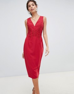 Облегающее платье миди с цветочной аппликацией и кружевной отделкой на спине Little Mistress - Красный