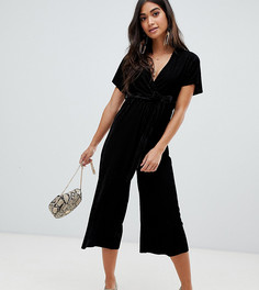 Черный бархатный комбинезон с запахом New Look Petite - Черный