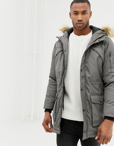 Серая парка с искусственным мехом на капюшоне Bershka - Серый