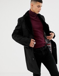 Жаккардовое пальто с эффектом металлик и искусственным мехом на воротнике Twisted Tailor - Черный
