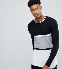 ASOS DESIGN Tall muscle fit longline long sleeve t-shirt with curved hem in monochrome colour block - Черный
