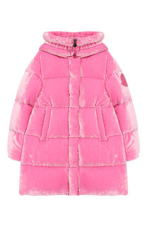 Пуховое пальто с текстильной отделкой и капюшоном Moncler Enfant