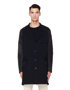 Шерстяное пальто с кожаными рукавами Yohji Yamamoto