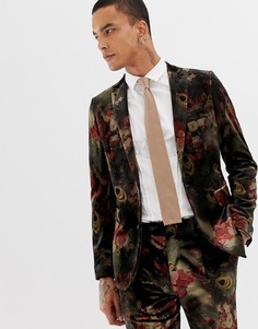 Приталенный бархатный пиджак с цветочным принтом Devils Advocate - Коричневый
