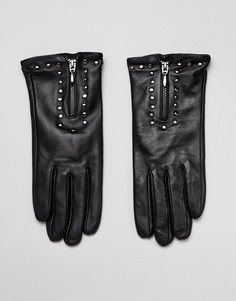 Кожаные перчатки с молнией и заклепками Barneys Originals - Черный