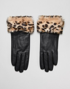 Кожаные перчатки с искусственным леопардовым мехом Barneys Originals - Черный