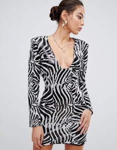 Платье мини с пайетками, подплечниками и принтом зебра Missguided - Черный