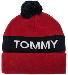 Красная шапка мелкой вязки с помпоном Tommy Jeans