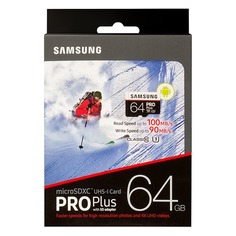 Карта памяти microSDXC UHS-I U3 SAMSUNG Pro PLUS 2 64 ГБ, 100 МБ/с, Class 10, MB-MD64GA/RU, 1 шт., переходник SD