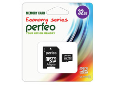 Карта памяти 32Gb - Perfeo Micro Secure Digital HC Class 10 PF32GMCSH10AES с переходником под SD