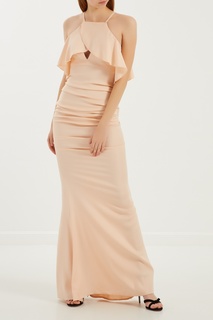 Платье макси телесного цвета с воланами Elisabetta Franchi