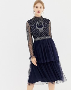 Декорированное платье с длинными рукавами и юбкой из тюля Frock & Frill - Темно-синий