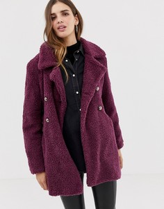 Двубортное пальто из искусственного меха QED London - Фиолетовый